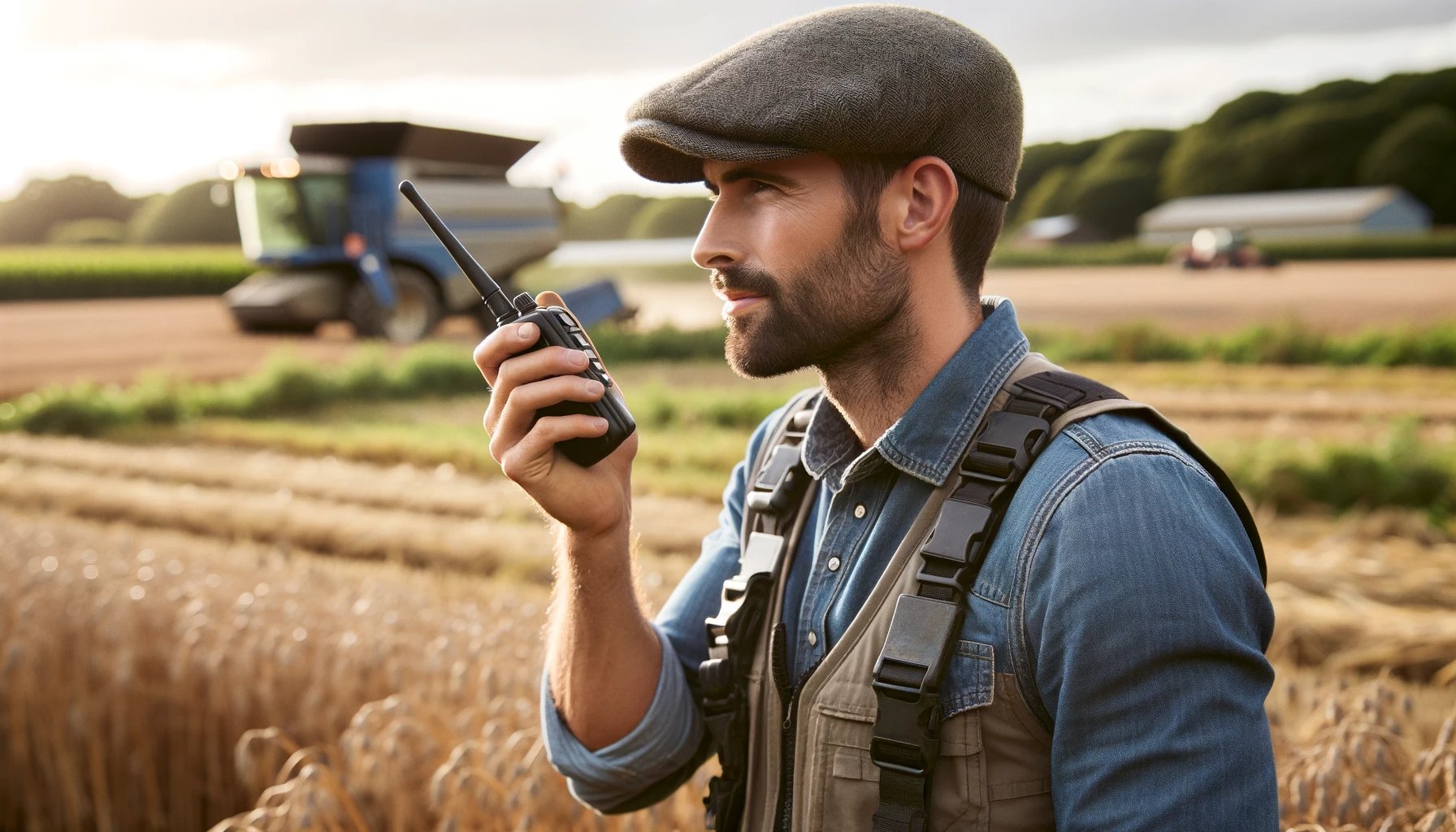 Farmer in his field holding a two way radio 